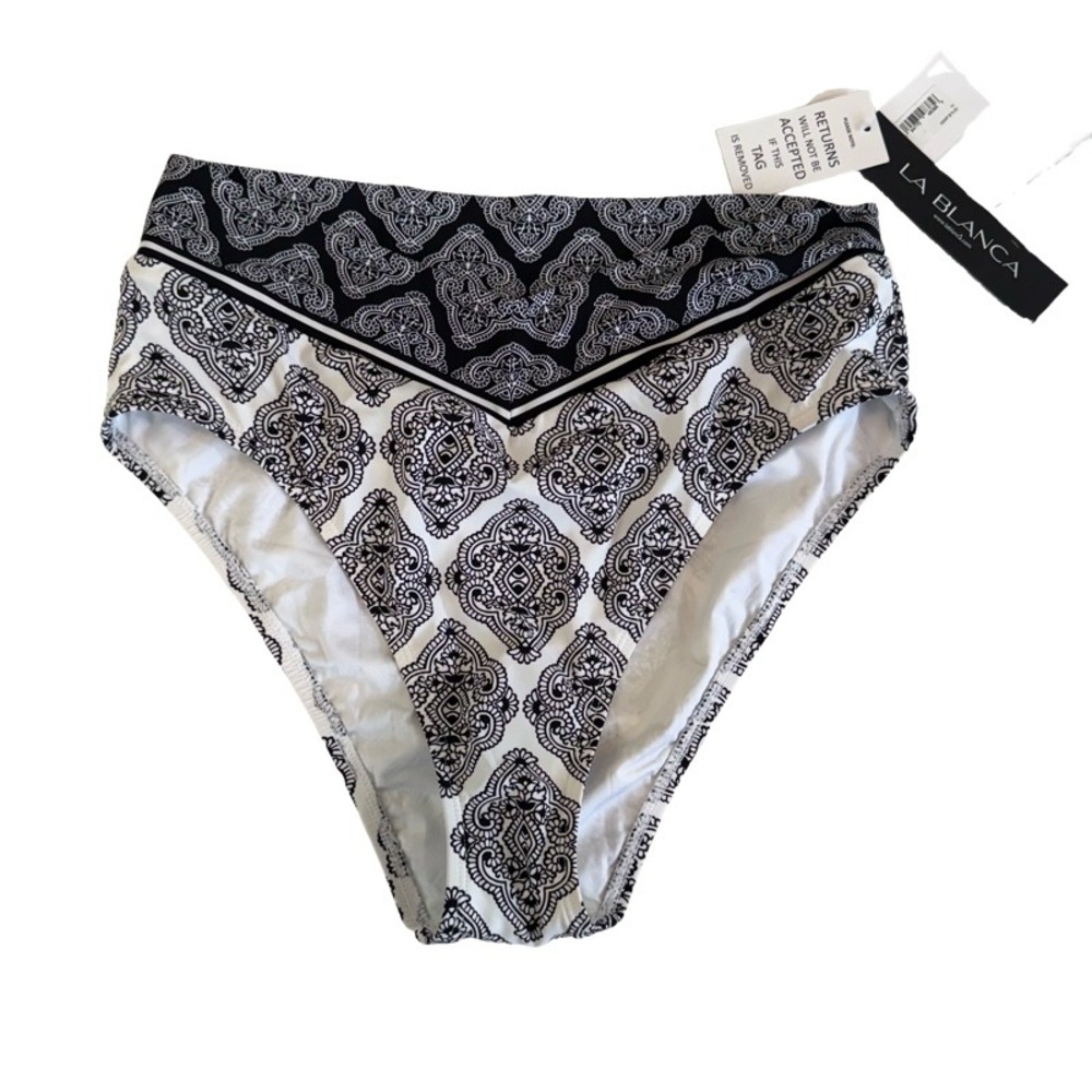 LA BLANCA Black White Medallion High Waist‎ Bikini Swim Bottoms Size 10 UPF 50+ - Picture 3 of 9